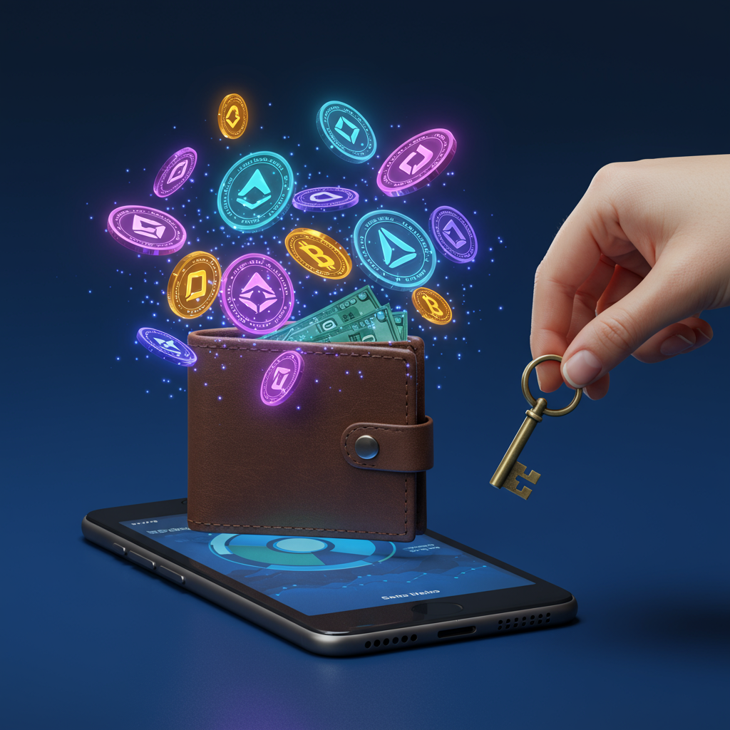 A digital wallet surrounded by floating airdrop tokens, with a person holding a key, symbo