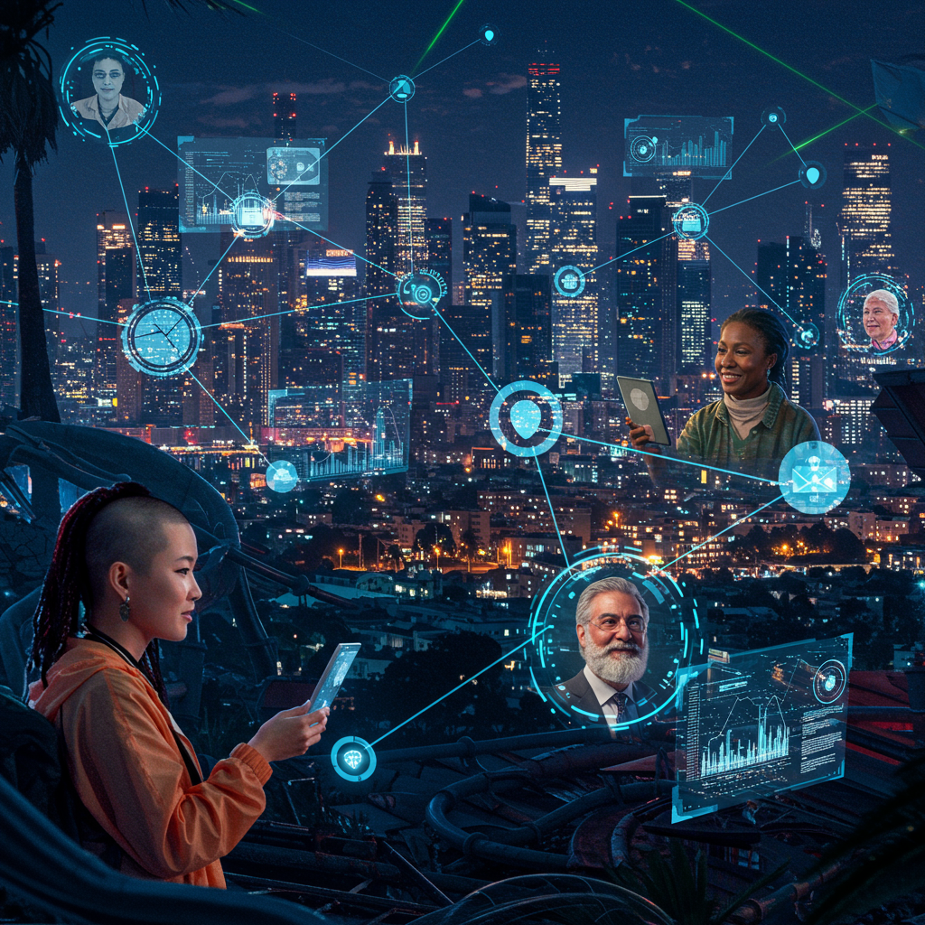 A futuristic cityscape with interconnected digital interfaces, glowing nodes, and diverse